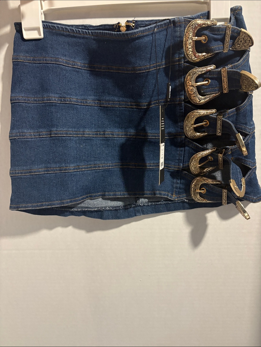 Fashion Nova Dark Wash Denim Micro Mini Skirt with Western Buckle Accents